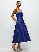 Rear View Thumbnail - Cobalt Blue Cuffed Strapless Satin Twill Midi Dress with Full Skirt and Pockets