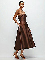 Rear View Thumbnail - Cognac Cuffed Strapless Satin Twill Midi Dress with Full Skirt and Pockets