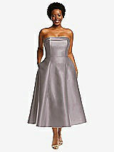 Alt View 1 Thumbnail - Cashmere Gray Cuffed Strapless Satin Twill Midi Dress with Full Skirt and Pockets