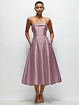 Front View Thumbnail - Dusty Rose Cuffed Strapless Satin Twill Midi Dress with Full Skirt and Pockets