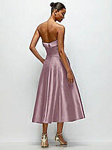 Side View Thumbnail - Dusty Rose Cuffed Strapless Satin Twill Midi Dress with Full Skirt and Pockets