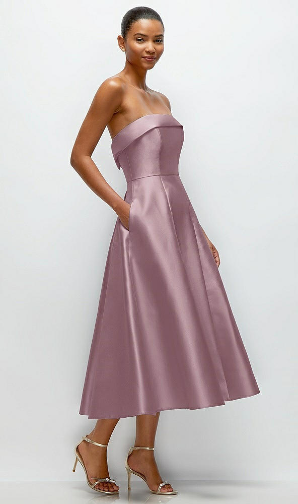 Back View - Dusty Rose Cuffed Strapless Satin Twill Midi Dress with Full Skirt and Pockets