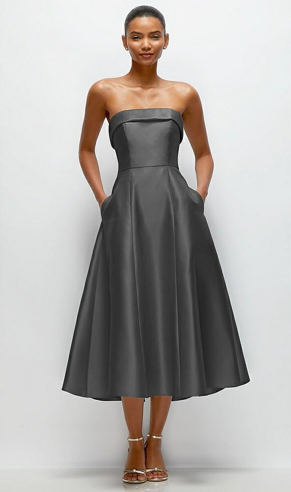 Front View - Gunmetal Cuffed Strapless Satin Twill Midi Dress with Full Skirt and Pockets