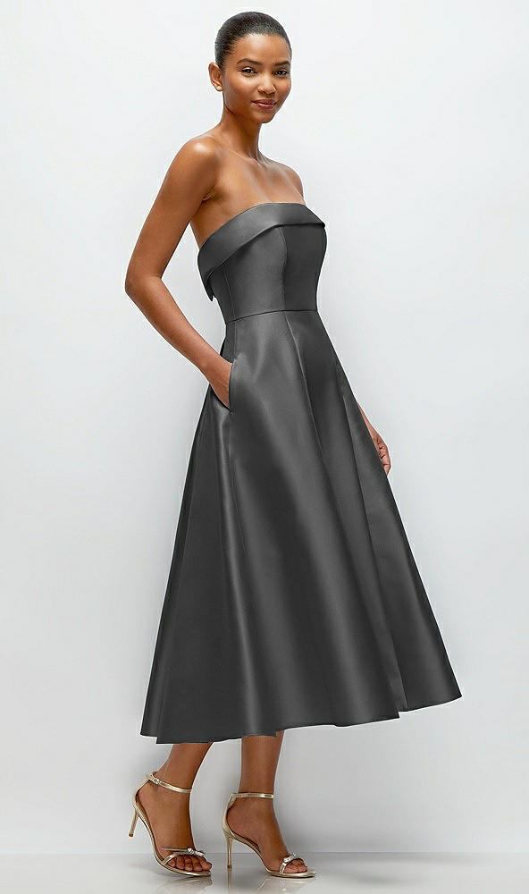 Back View - Gunmetal Cuffed Strapless Satin Twill Midi Dress with Full Skirt and Pockets