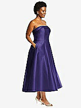 Alt View 3 Thumbnail - Grape Cuffed Strapless Satin Twill Midi Dress with Full Skirt and Pockets