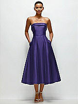 Front View Thumbnail - Grape Cuffed Strapless Satin Twill Midi Dress with Full Skirt and Pockets