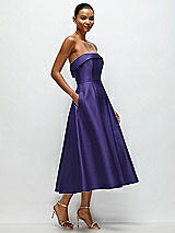 Rear View Thumbnail - Grape Cuffed Strapless Satin Twill Midi Dress with Full Skirt and Pockets