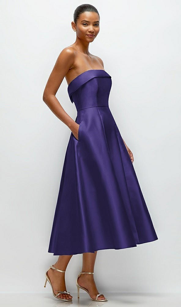 Back View - Grape Cuffed Strapless Satin Twill Midi Dress with Full Skirt and Pockets