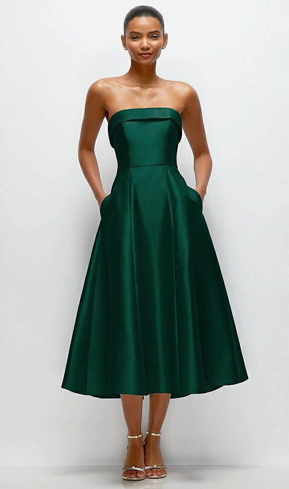 Front View - Hunter Green Cuffed Strapless Satin Twill Midi Dress with Full Skirt and Pockets