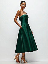 Rear View Thumbnail - Hunter Green Cuffed Strapless Satin Twill Midi Dress with Full Skirt and Pockets