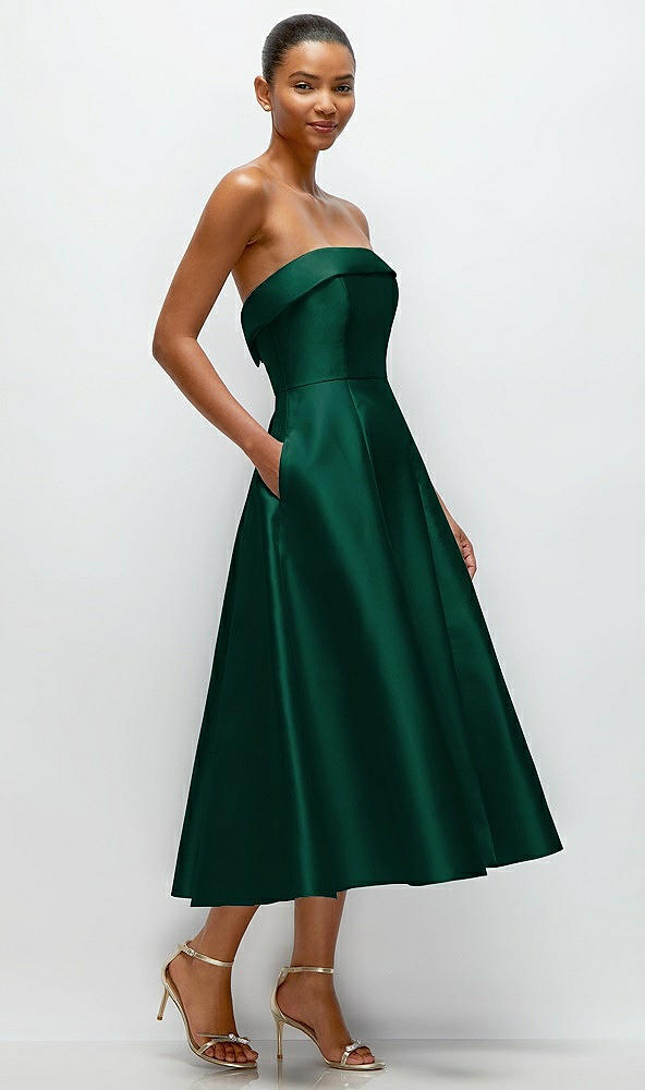 Back View - Hunter Green Cuffed Strapless Satin Twill Midi Dress with Full Skirt and Pockets