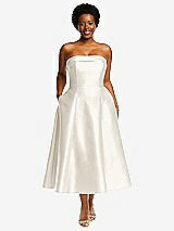 Alt View 1 Thumbnail - Ivory Cuffed Strapless Satin Twill Midi Dress with Full Skirt and Pockets