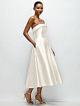 Rear View Thumbnail - Ivory Cuffed Strapless Satin Twill Midi Dress with Full Skirt and Pockets