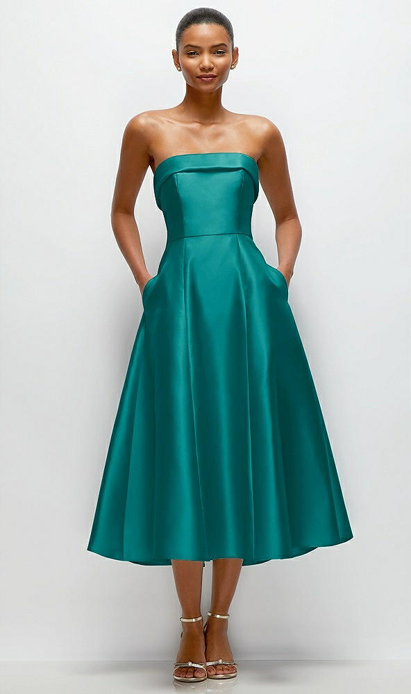 Front View - Jade Cuffed Strapless Satin Twill Midi Dress with Full Skirt and Pockets