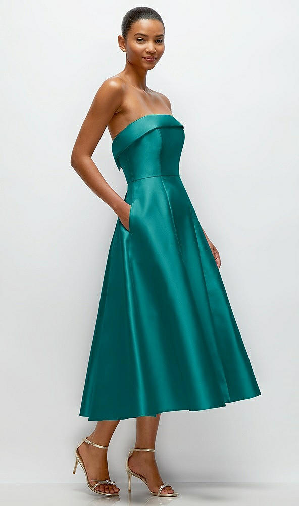 Back View - Jade Cuffed Strapless Satin Twill Midi Dress with Full Skirt and Pockets