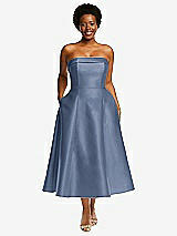 Alt View 1 Thumbnail - Larkspur Blue Cuffed Strapless Satin Twill Midi Dress with Full Skirt and Pockets