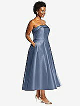 Alt View 3 Thumbnail - Larkspur Blue Cuffed Strapless Satin Twill Midi Dress with Full Skirt and Pockets