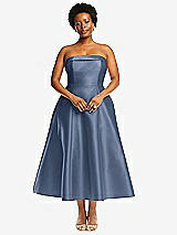 Alt View 4 Thumbnail - Larkspur Blue Cuffed Strapless Satin Twill Midi Dress with Full Skirt and Pockets