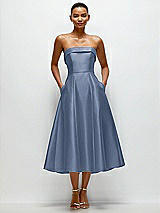 Front View Thumbnail - Larkspur Blue Cuffed Strapless Satin Twill Midi Dress with Full Skirt and Pockets