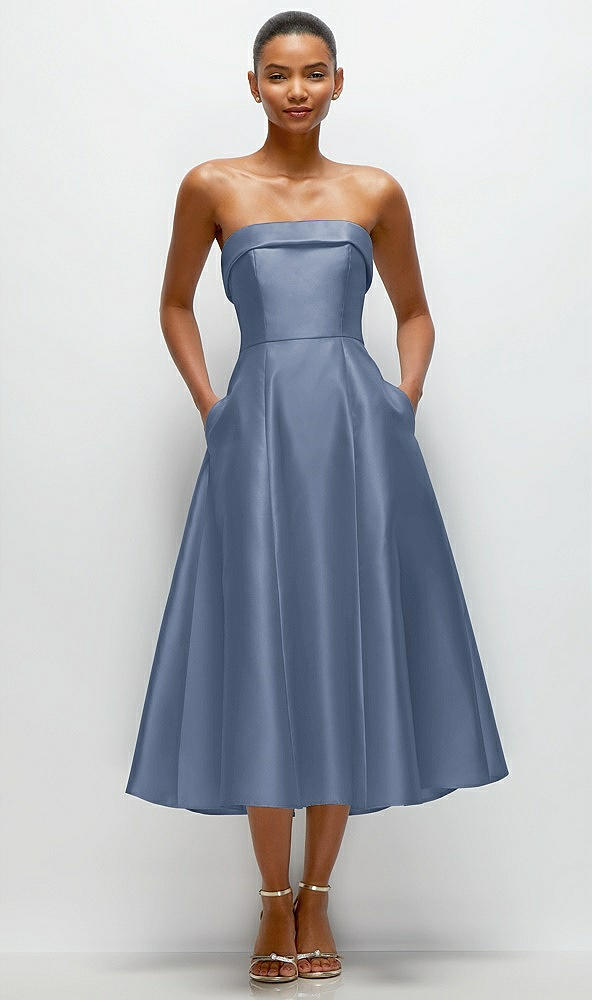 Front View - Larkspur Blue Cuffed Strapless Satin Twill Midi Dress with Full Skirt and Pockets