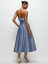 Side View Thumbnail - Larkspur Blue Cuffed Strapless Satin Twill Midi Dress with Full Skirt and Pockets