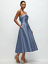 Rear View Thumbnail - Larkspur Blue Cuffed Strapless Satin Twill Midi Dress with Full Skirt and Pockets