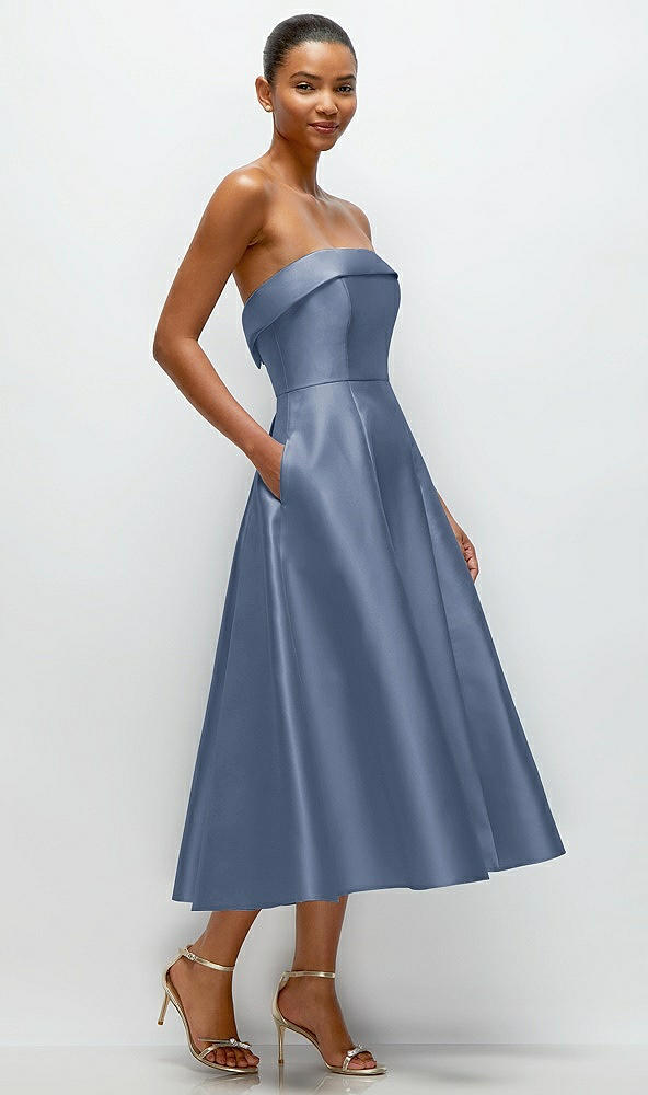 Back View - Larkspur Blue Cuffed Strapless Satin Twill Midi Dress with Full Skirt and Pockets