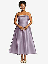 Alt View 4 Thumbnail - Lilac Haze Cuffed Strapless Satin Twill Midi Dress with Full Skirt and Pockets