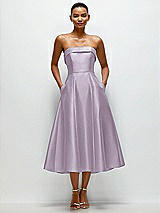 Front View Thumbnail - Lilac Haze Cuffed Strapless Satin Twill Midi Dress with Full Skirt and Pockets