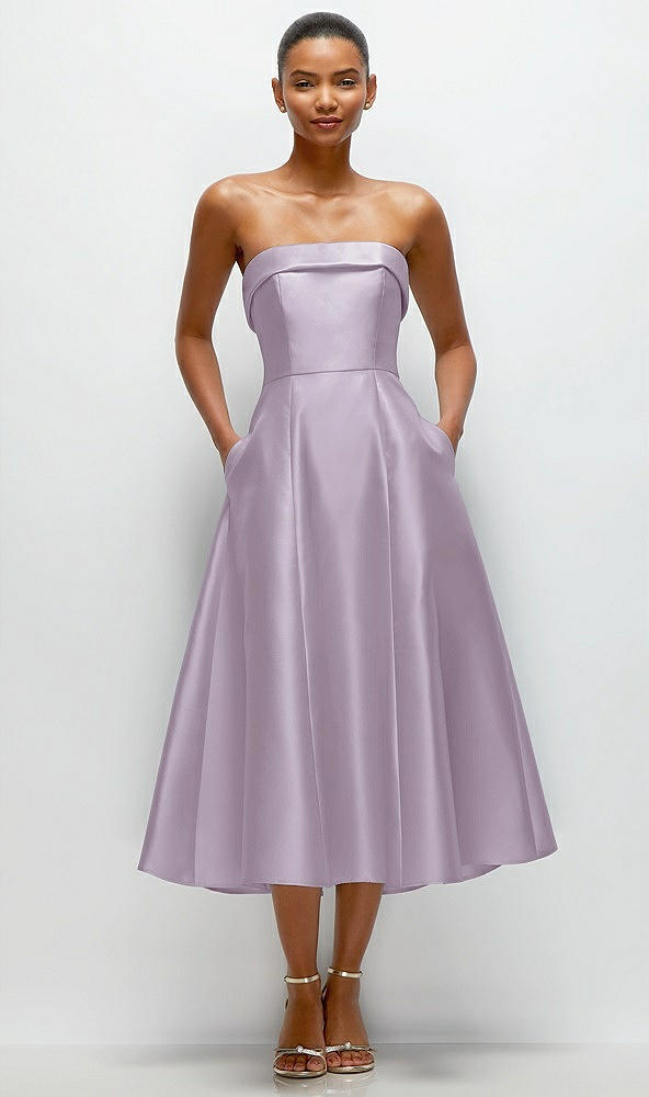 Front View - Lilac Haze Cuffed Strapless Satin Twill Midi Dress with Full Skirt and Pockets