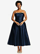 Alt View 4 Thumbnail - Midnight Navy Cuffed Strapless Satin Twill Midi Dress with Full Skirt and Pockets