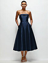 Front View Thumbnail - Midnight Navy Cuffed Strapless Satin Twill Midi Dress with Full Skirt and Pockets