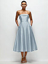 Front View Thumbnail - Mist Cuffed Strapless Satin Twill Midi Dress with Full Skirt and Pockets