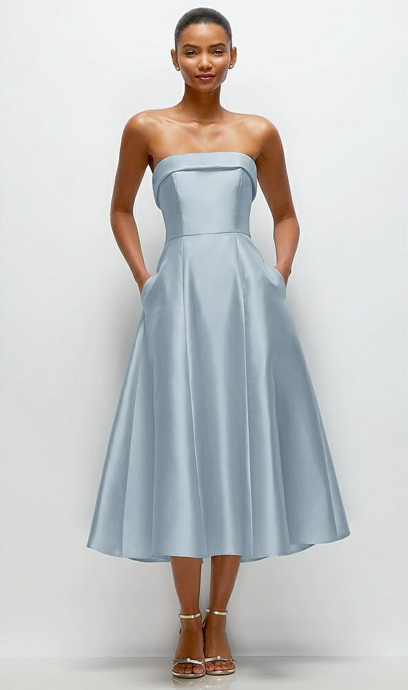 Front View - Mist Cuffed Strapless Satin Twill Midi Dress with Full Skirt and Pockets