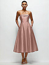 Front View Thumbnail - Neu Nude Cuffed Strapless Satin Twill Midi Dress with Full Skirt and Pockets