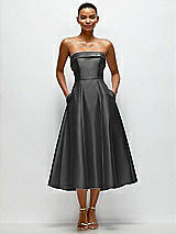 Front View Thumbnail - Pewter Cuffed Strapless Satin Twill Midi Dress with Full Skirt and Pockets