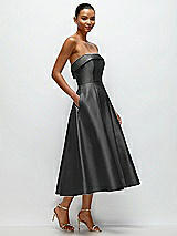 Rear View Thumbnail - Pewter Cuffed Strapless Satin Twill Midi Dress with Full Skirt and Pockets