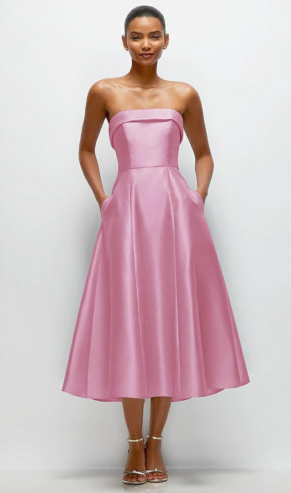 Front View - Powder Pink Cuffed Strapless Satin Twill Midi Dress with Full Skirt and Pockets