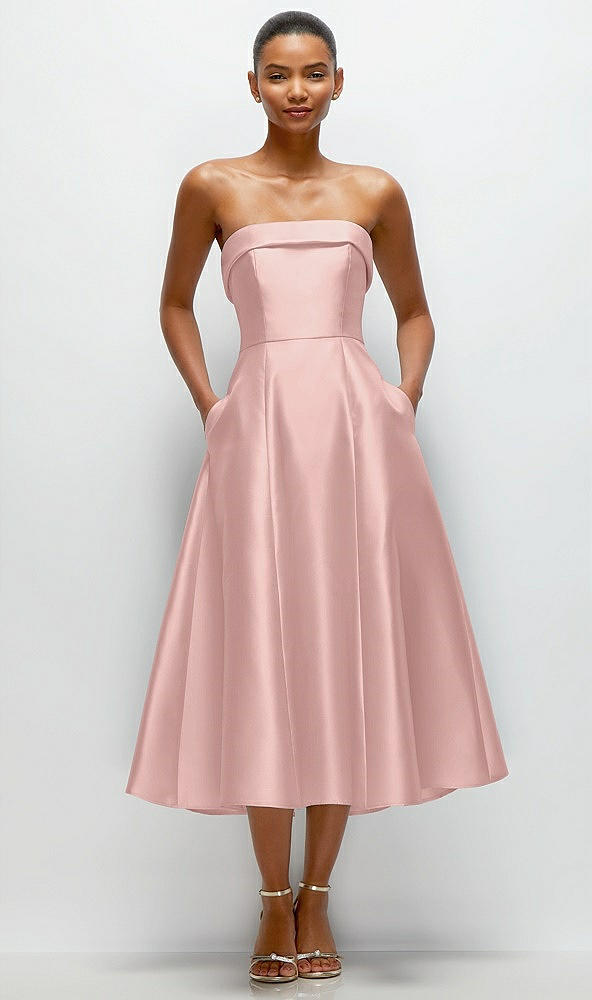 Front View - Rose - PANTONE Rose Quartz Cuffed Strapless Satin Twill Midi Dress with Full Skirt and Pockets