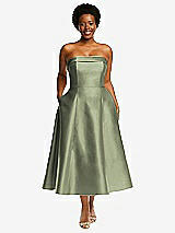 Alt View 1 Thumbnail - Sage Cuffed Strapless Satin Twill Midi Dress with Full Skirt and Pockets