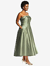 Alt View 3 Thumbnail - Sage Cuffed Strapless Satin Twill Midi Dress with Full Skirt and Pockets