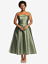 Alt View 4 Thumbnail - Sage Cuffed Strapless Satin Twill Midi Dress with Full Skirt and Pockets