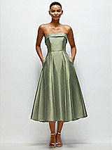 Front View Thumbnail - Sage Cuffed Strapless Satin Twill Midi Dress with Full Skirt and Pockets