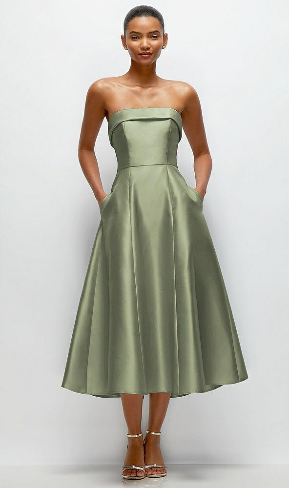 Front View - Sage Cuffed Strapless Satin Twill Midi Dress with Full Skirt and Pockets