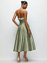 Side View Thumbnail - Sage Cuffed Strapless Satin Twill Midi Dress with Full Skirt and Pockets