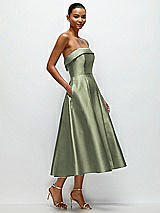 Rear View Thumbnail - Sage Cuffed Strapless Satin Twill Midi Dress with Full Skirt and Pockets