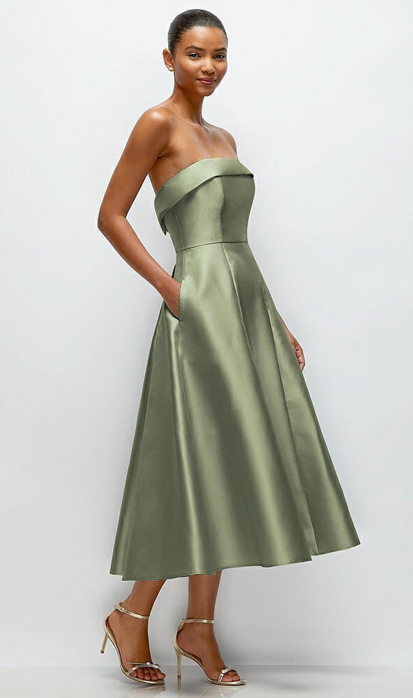 Back View - Sage Cuffed Strapless Satin Twill Midi Dress with Full Skirt and Pockets