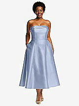 Alt View 1 Thumbnail - Sky Blue Cuffed Strapless Satin Twill Midi Dress with Full Skirt and Pockets