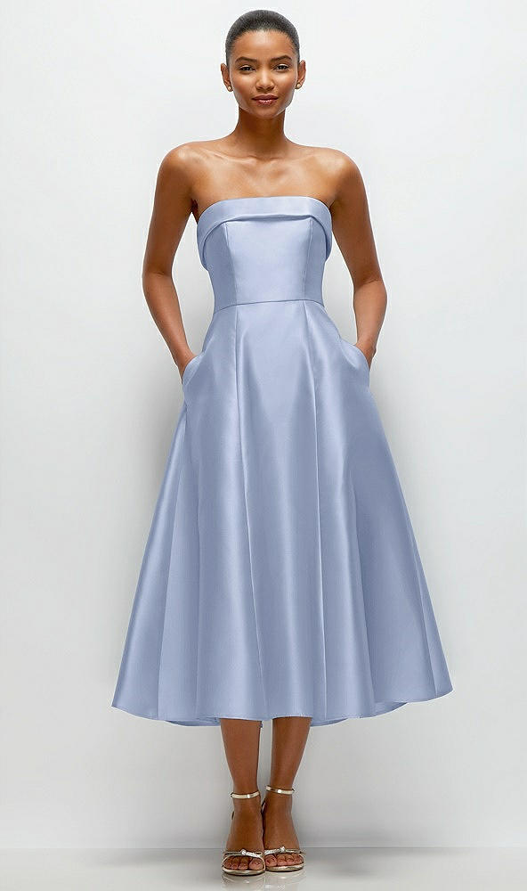 Front View - Sky Blue Cuffed Strapless Satin Twill Midi Dress with Full Skirt and Pockets