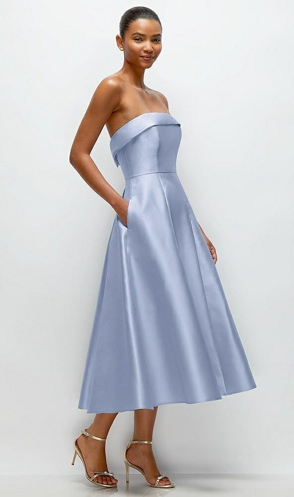 Back View - Sky Blue Cuffed Strapless Satin Twill Midi Dress with Full Skirt and Pockets